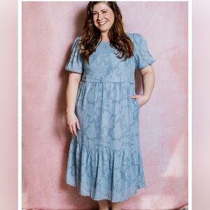 Polagram Sky Blue Midi Dress Tiered Ruffle Puff Sleeve Nursing Zipper